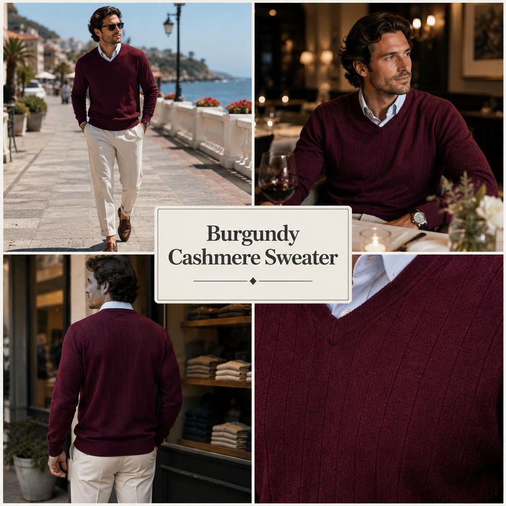 Mens‎ Burgundy 100% Cashmere V-Neck Ribbed Knit Sweater Medium Wine Red M